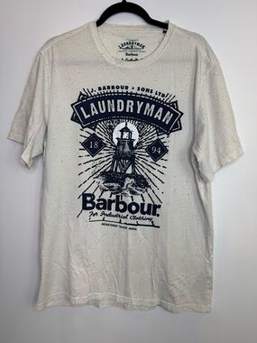 Barbour Laundryman Graphic Tee in Off-White with Navy Print speckled size XL